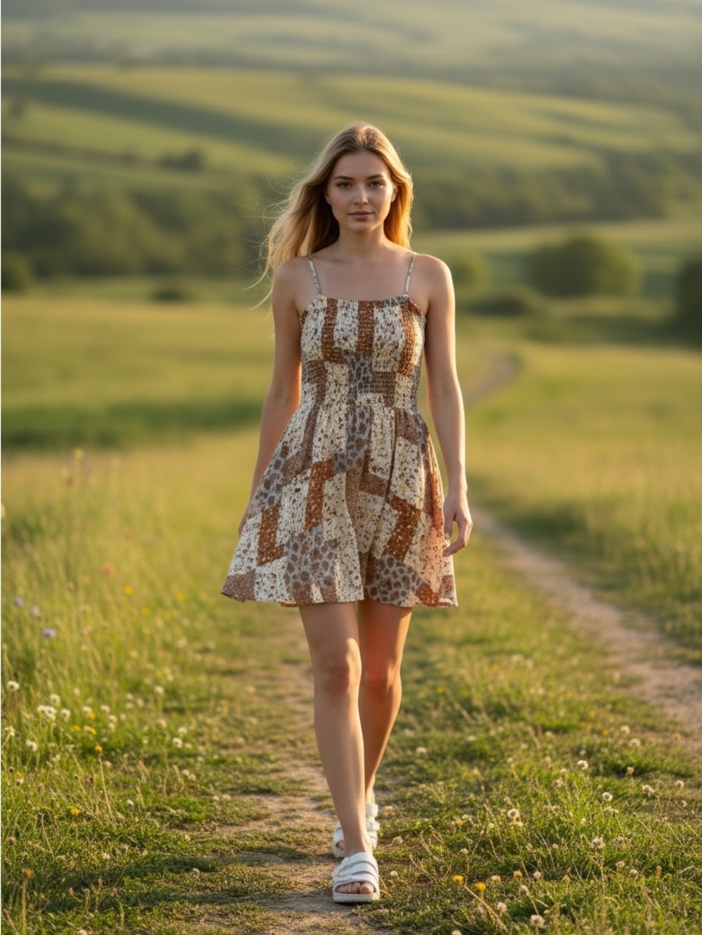 Asymmetrical Patchwork Sundress in Cream and Brown -New-